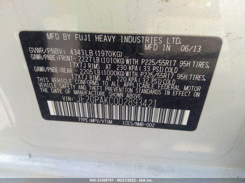 2013 SUBARU XV CROSSTREK LIMITED JF2GPAKC0D2893421