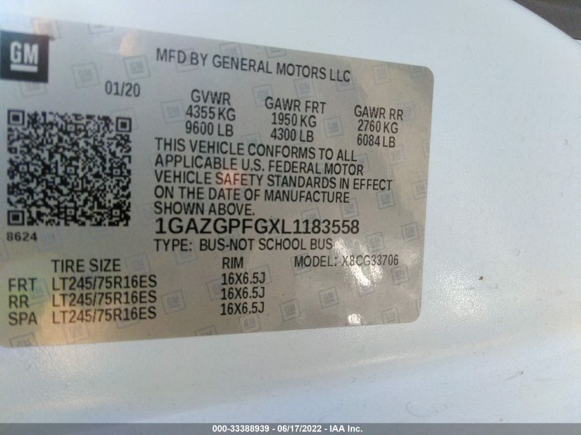 2020 CHEVROLET EXPRESS PASSENGER LT 1GAZGPFGXL1183558
