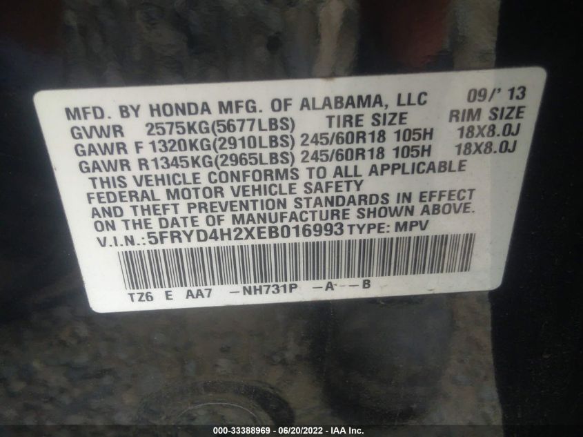 2014 ACURA MDX 5FRYD4H2XEB016993