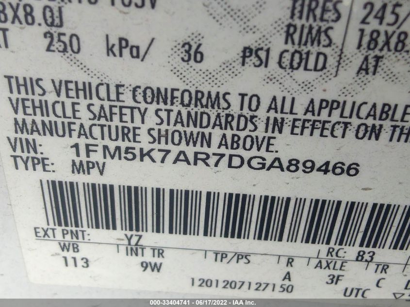 2013 FORD UTILITY POLICE 1FM5K7AR7DGA89466