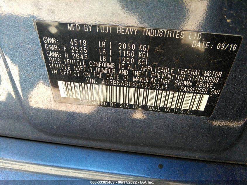 2017 SUBARU LEGACY 4S3BNAB6XH3022034