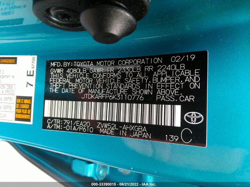 2019 TOYOTA PRIUS PRIME PLUS/PREMIUM/ADVANCED JTDKARFP6K3110776