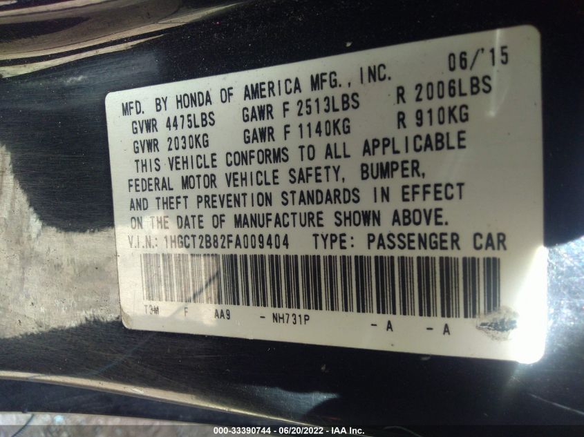 2015 HONDA ACCORD COUPE EX-L 1HGCT2B82FA009404
