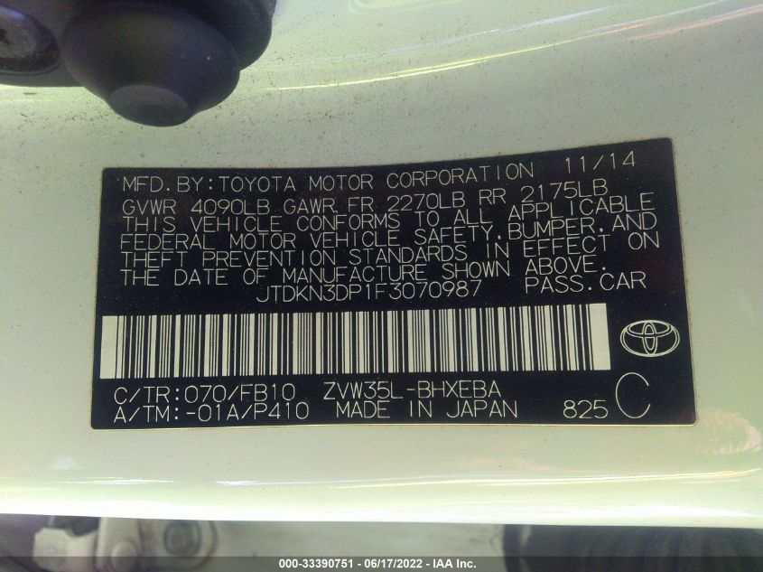 2015 TOYOTA PRIUS PLUG-IN JTDKN3DP1F3070987