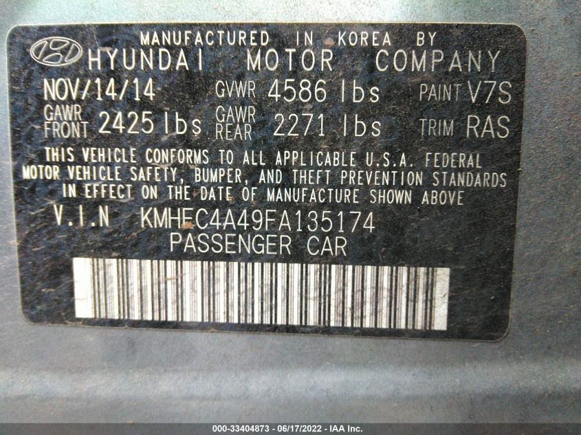 2015 HYUNDAI SONATA HYBRID KMHEC4A49FA135174