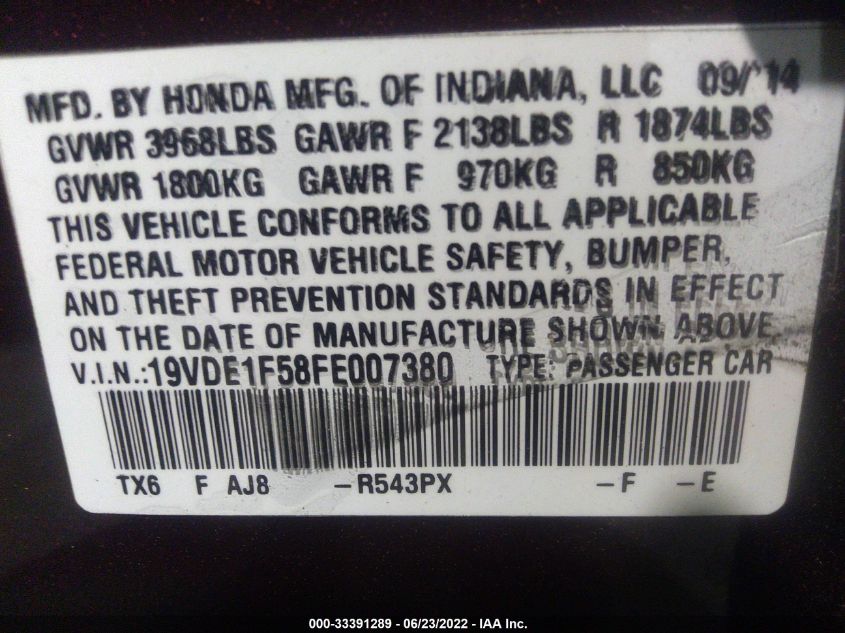 2015 ACURA ILX 20 PREMIUM 19VDE1F58FE007380