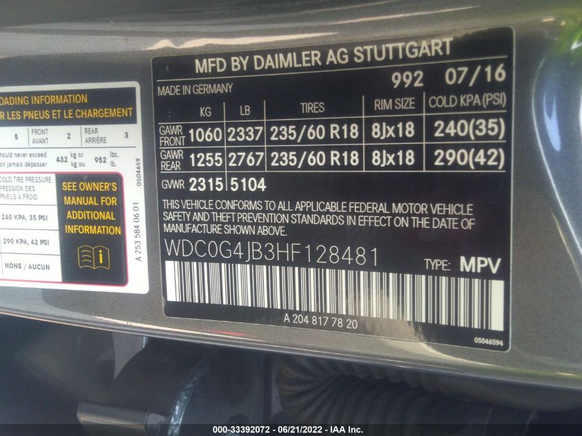 2017 MERCEDES-BENZ GLC GLC 300 WDC0G4JB3HF128481