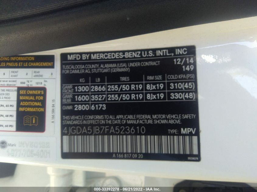 2015 MERCEDES-BENZ M-CLASS ML 350 4JGDA5JB7FA523610