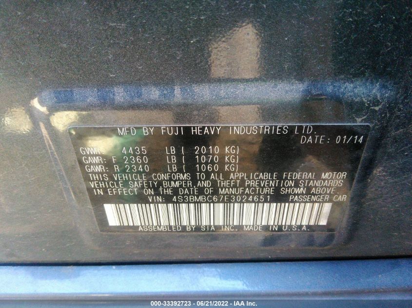 2014 SUBARU LEGACY 2.5I PREMIUM 4S3BMBC67E3024651