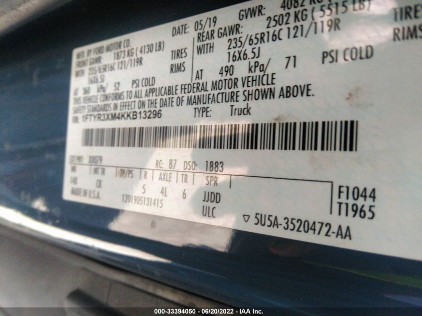 2019 FORD TRANSIT VAN 1FTYR3XM4KKB13296