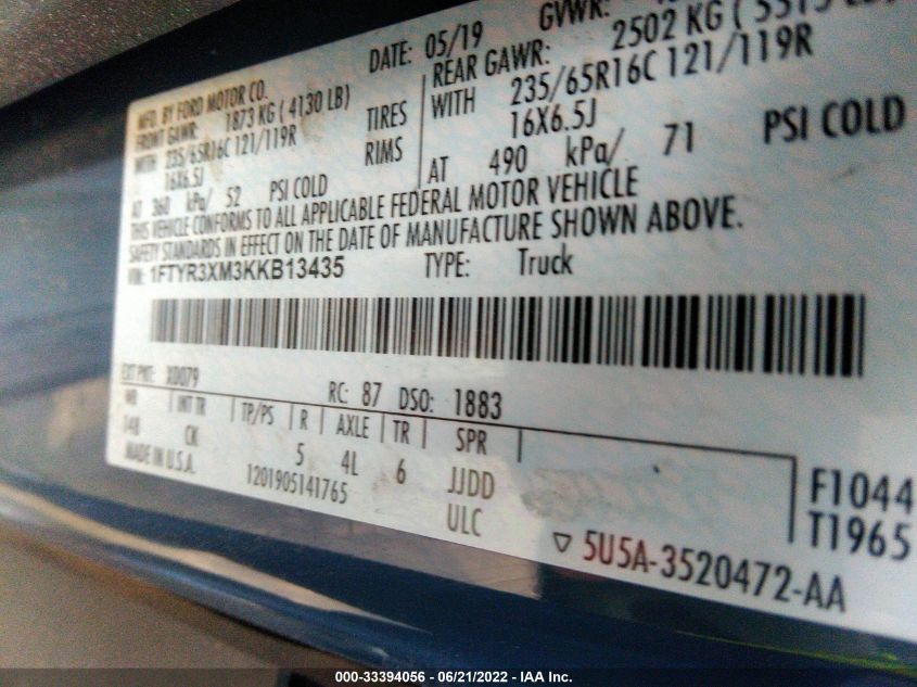 2019 FORD TRANSIT VAN 1FTYR3XM3KKB13435