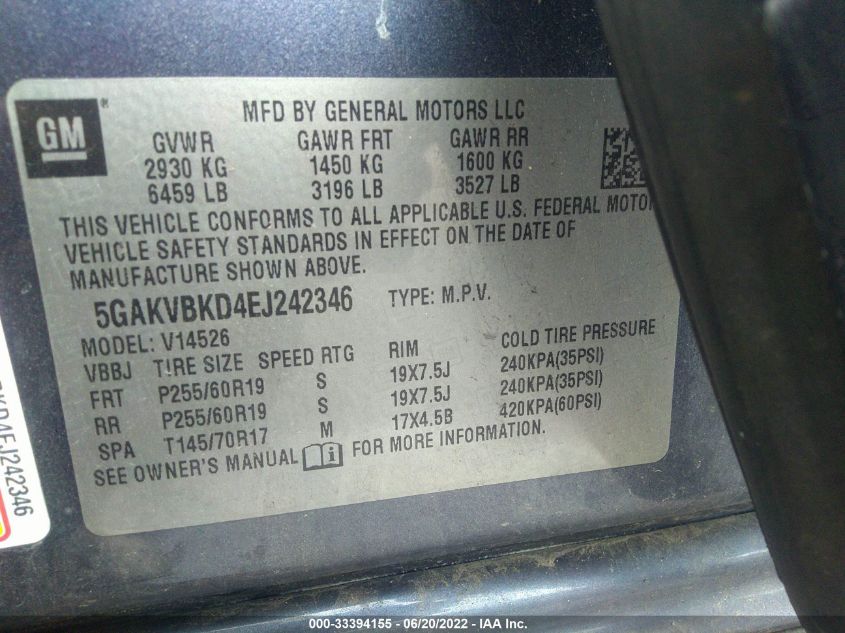 2014 BUICK ENCLAVE LEATHER 5GAKVBKD4EJ242346