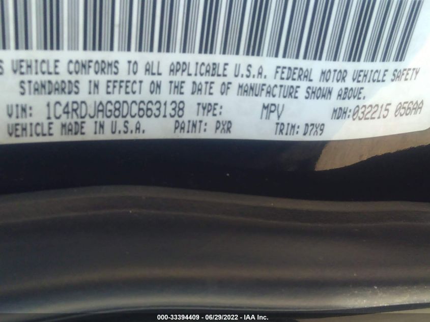 2013 DODGE DURANGO SXT 1C4RDJAG8DC663138
