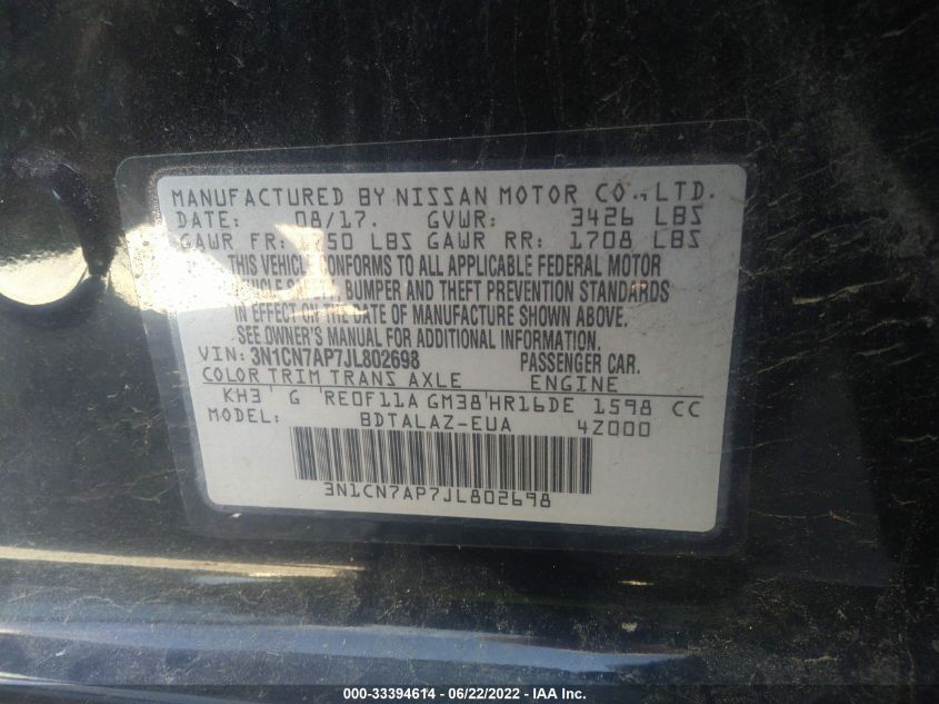 2018 NISSAN VERSA SEDAN S PLUS 3N1CN7AP7JL802698