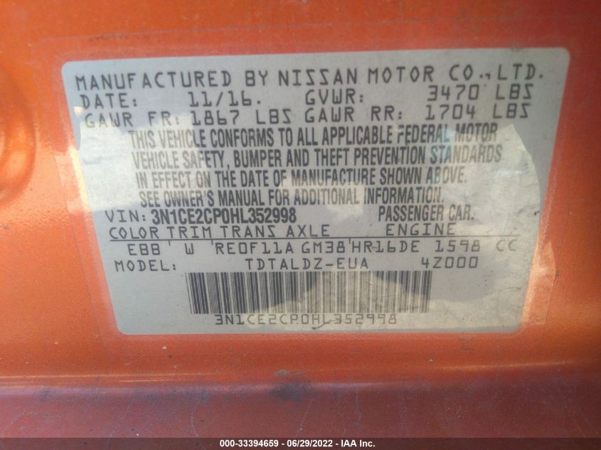 2017 NISSAN VERSA NOTE SV 3N1CE2CP0HL352998