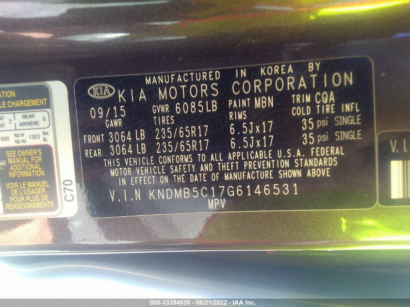 2016 KIA SEDONA LX KNDMB5C17G6146531