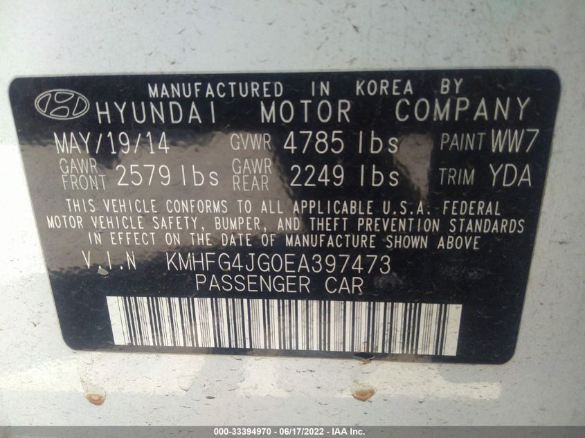 2014 HYUNDAI AZERA KMHFG4JG0EA397473