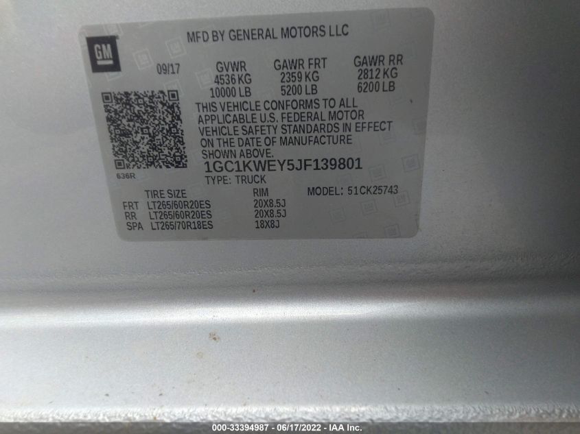 2018 CHEVROLET SILVERADO 2500HD LTZ 1GC1KWEY5JF139801