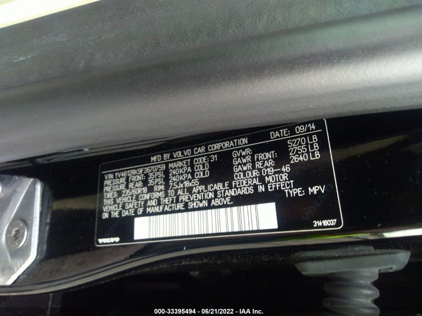2015 VOLVO XC60 T5 YV4612RK9F2670759