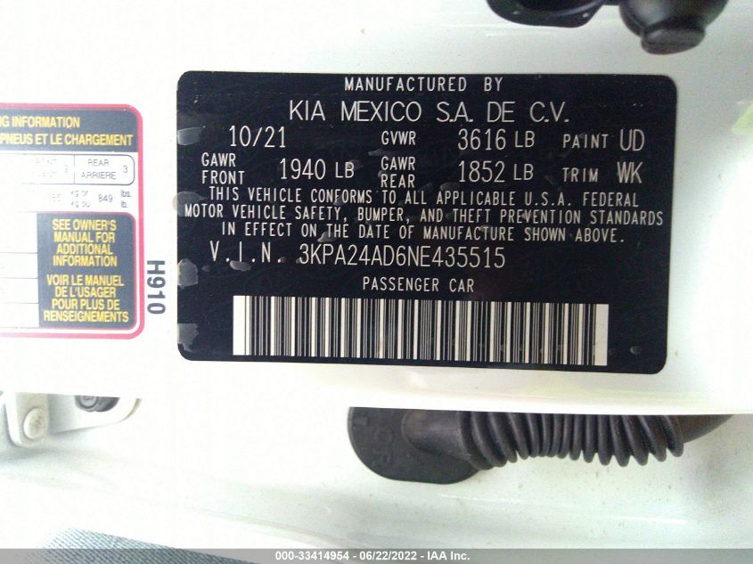 2022 KIA RIO S 3KPA24AD6NE435515