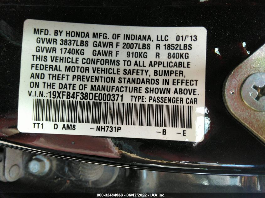 2013 HONDA CIVIC HYBRID 19XFB4F38DE000371