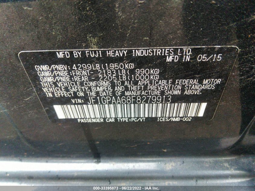 2015 SUBARU IMPREZA WAGON 2.0I JF1GPAA68F8279913