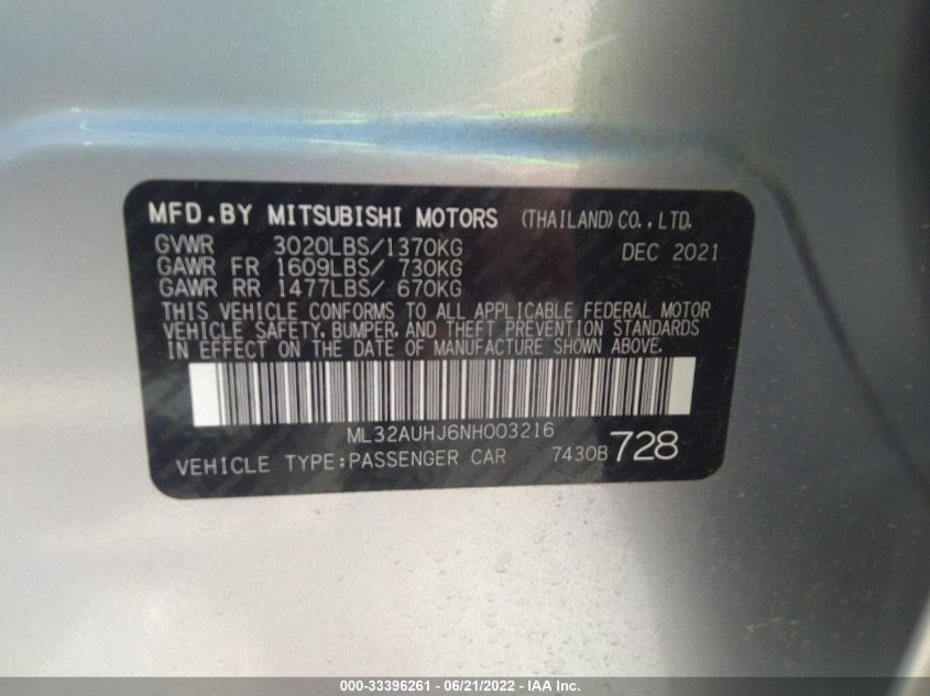 2022 MITSUBISHI MIRAGE ES/LE ML32AUHJ6NH003216