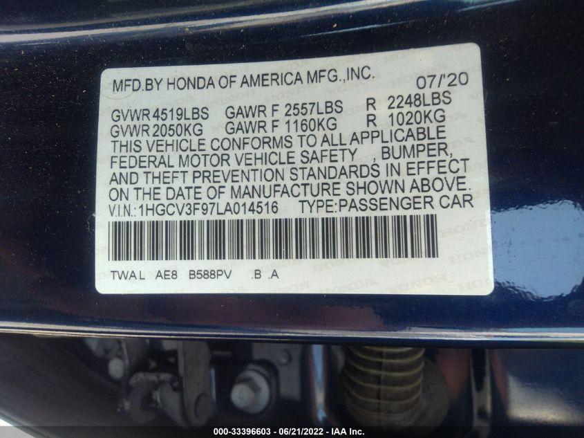 2020 HONDA ACCORD HYBRID TOURING 1HGCV3F97LA014516