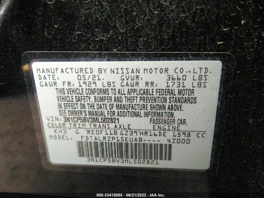 2021 NISSAN KICKS S 3N1CP5BV3ML502821