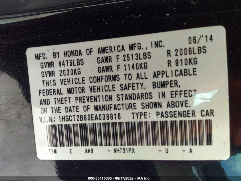 2014 HONDA ACCORD COUPE EX-L 1HGCT2B80EA008816