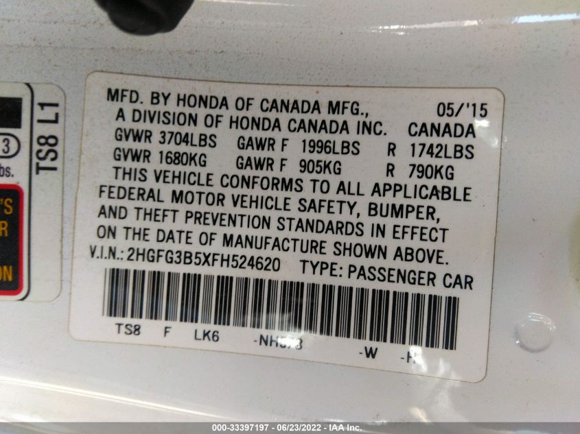 2015 HONDA CIVIC COUPE LX 2HGFG3B5XFH524620