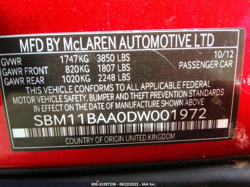2013 MCLAREN AUTOMOTIVE MP4-12C SPIDER SBM11BAA0DW001972