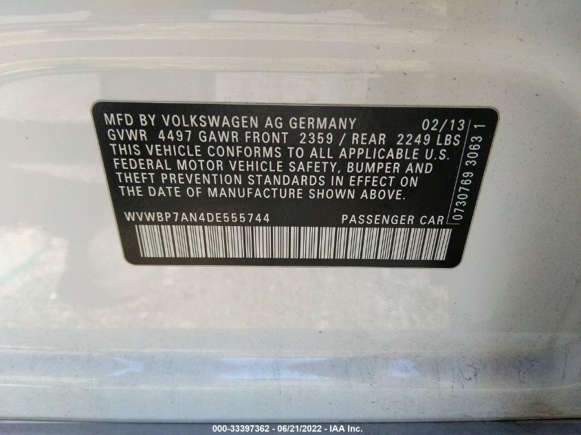 2013 VOLKSWAGEN CC SPORT WVWBP7AN4DE555744