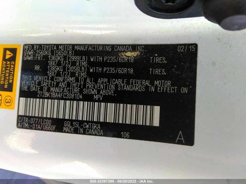 2015 LEXUS RX 350 2T2BK1BA4FC308104
