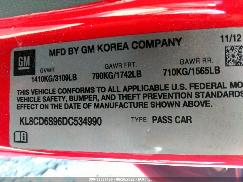 2013 CHEVROLET SPARK LT KL8CD6S96DC534990