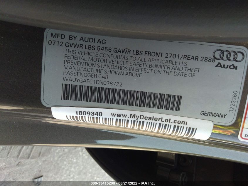 2013 AUDI A7 3.0 PREMIUM PLUS WAUYGAFC1DN038722