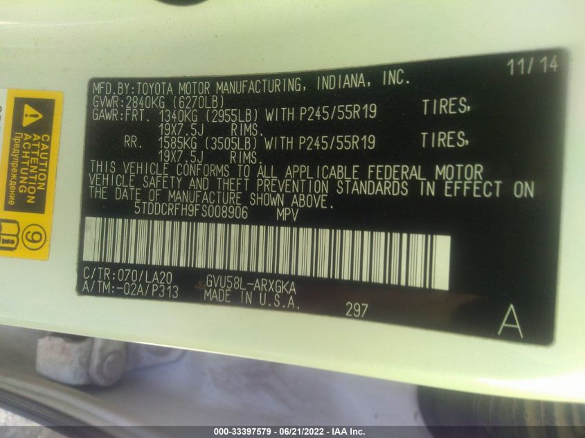 2015 TOYOTA HIGHLANDER HYBRID LIMITED 5TDDCRFH9FS008906