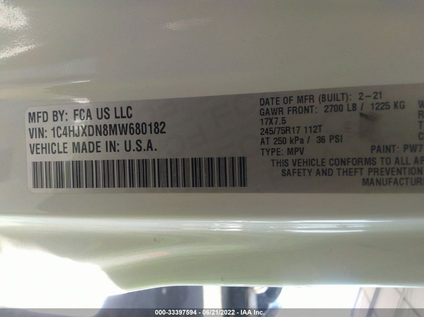 2021 JEEP WRANGLER UNLIMITED SPORT S 1C4HJXDN8MW680182