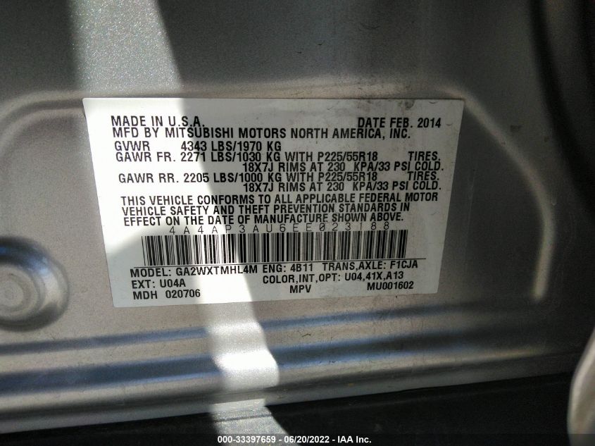 2014 MITSUBISHI OUTLANDER SPORT ES 4A4AP3AU6EE023188