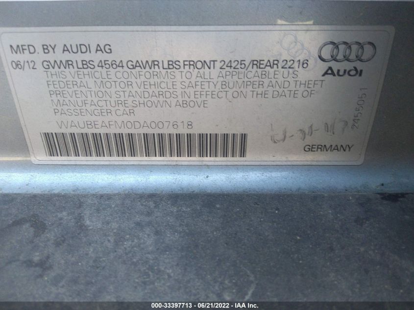 2013 AUDI A3 PREMIUM WAUBEAFM0DA007618