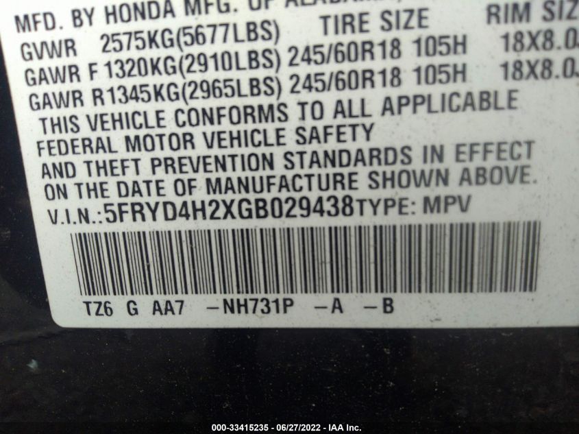 2016 ACURA MDX 5FRYD4H2XGB029438