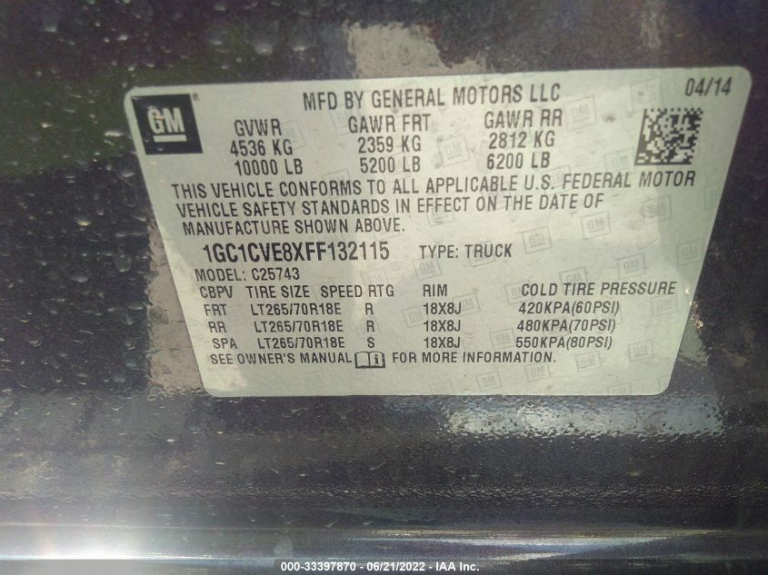 2015 CHEVROLET SILVERADO 2500HD LT 1GC1CVE8XFF132115