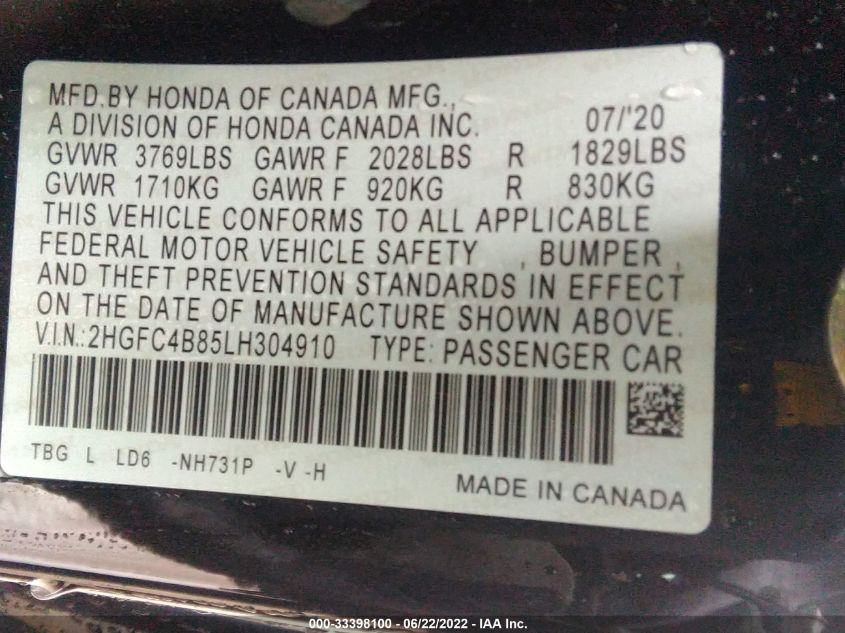 2020 HONDA CIVIC COUPE SPORT 2HGFC4B85LH304910
