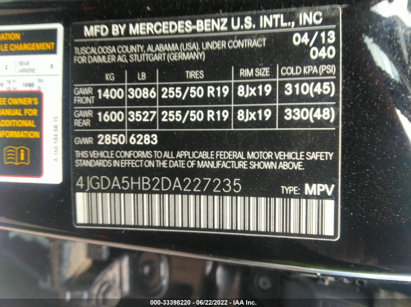 2013 MERCEDES-BENZ M-CLASS ML 350 4JGDA5HB2DA227235