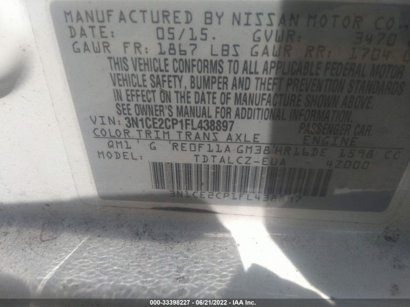 2015 NISSAN VERSA NOTE S/S PLUS/SV/SL/SR 3N1CE2CP1FL438897