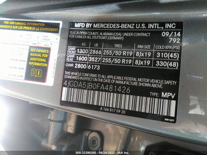2015 MERCEDES-BENZ M-CLASS ML 350 4JGDA5JB0FA481426