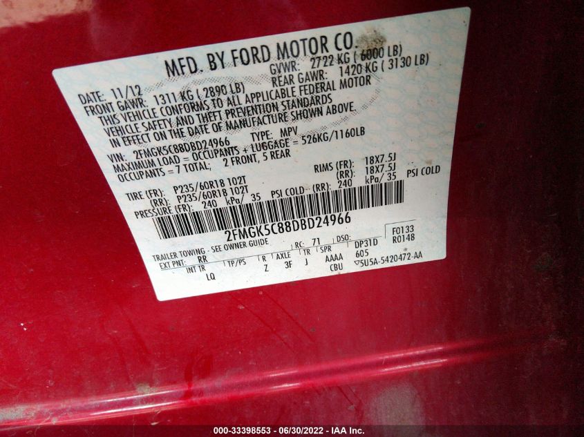 2013 FORD FLEX SEL 2FMGK5C88DBD24966