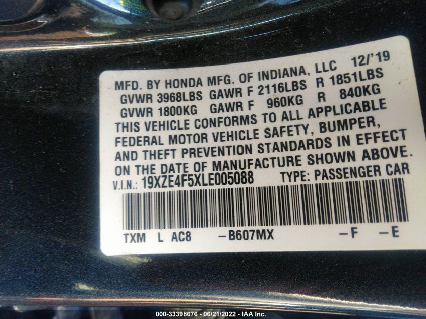 2020 HONDA INSIGHT EX 19XZE4F5XLE005088