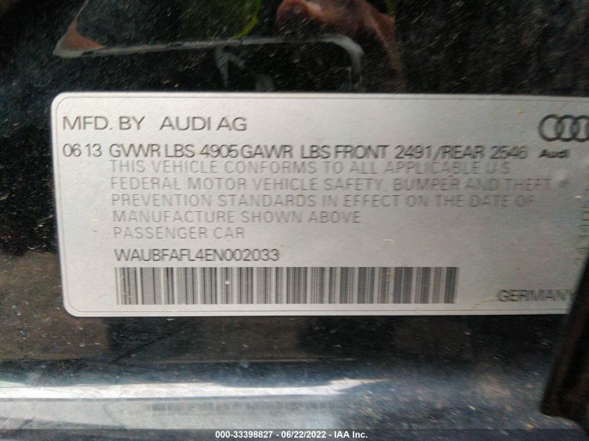 2014 AUDI A4 PREMIUM WAUBFAFL4EN002033