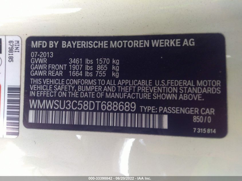 2013 MINI COOPER HARDTOP WMWSU3C58DT688689